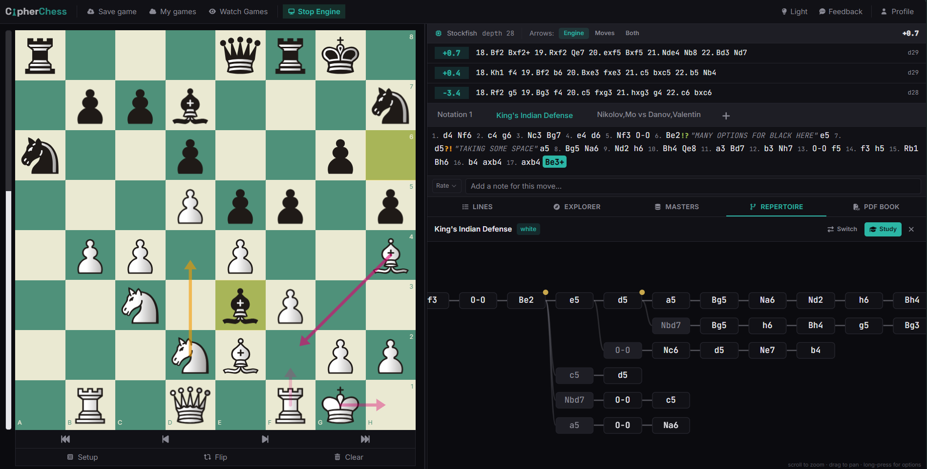 CipherChess app — chess analysis with engine, move tree, and repertoire view